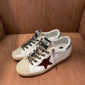 Golden Goose White Sneakers with Burgundy Star